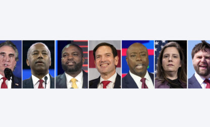 This combination photo shows the shortlist of vice presidential contenders former President Donald Trump has selected as he prepares to announce his pick in the days before, or perhaps at, next month's Republican National Convention. Pictured from left are North Dakota Gov. Doug Burgum, Ben Carson, former U.S. Secretary of Housing and Urban Development, Rep. Byron Donalds, R-Fla., Sen. Marco Rubio, R-Fla., Sen. Tim Scott, R-S.C., Rep. Elise Stefanik, R-N.Y., and Sen. J.D. Vance, R-Ohio. (AP Photo)