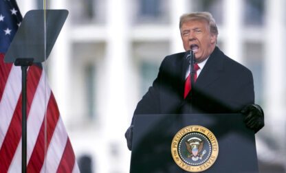 FILE - President Donald Trump speaks during a rally protesting the Elector College certification of Joe Biden's win in the 2020 presidential race, in Washington, Jan. 6, 2021. Trump on July 2, 2024, misrepresented in a social media post what the U.S. Supreme Court's Monday ruling on presidential immunity means for his civil and criminal cases. But none of Trump's pending cases have been dismissed as a result of the ruling, nor have the verdicts already reached against him been overturned. (AP Photo/Evan Vucci, File)