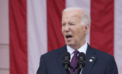 President Joe Biden delivers the Memorial Day Address at the 156th National Memorial Day Observance at Arlington National Cemetery in Arlington, Va., Monday, May 27, 2024. (AP Photo/Susan Walsh)