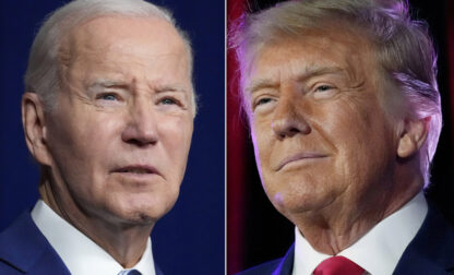 FILE - In this combination of photos, President Joe Biden speaks on Aug. 10, 2023, in Salt Lake City, from left, former President Donald Trump speaks on July 8, 2023, in Las Vegas. (AP Photo, File)