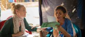 Global investigations correspondent Kristen Gelineau, left, interviews a Rohingya woman in a refugee camp in Teknaf, Bangladesh, on March 8, 2023. Photographer: Mahmud Hossain Opu (https://www.threads.net/@mahmudhossainopu)